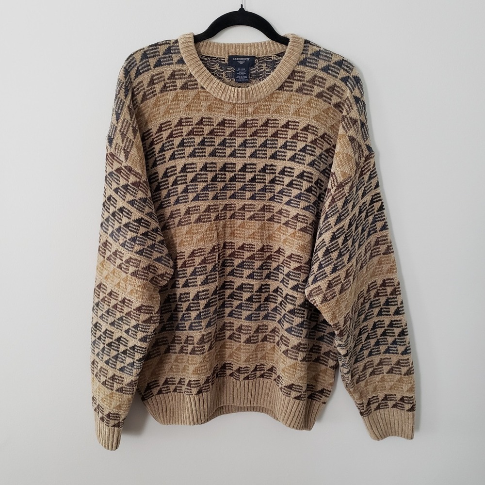 Vintage Chenille Grandpa Sweater XL Pullover Geometric Dad Retro Neutral
